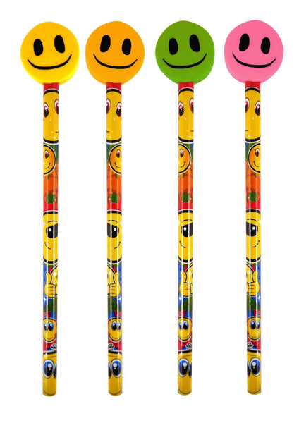 12 Smiley Pencils With Shaped Eraser Tops